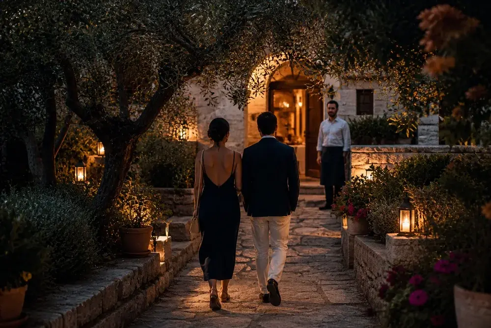 Ζευγάρι φτάνει σε φωτισμένη αυλή εστιατορίου